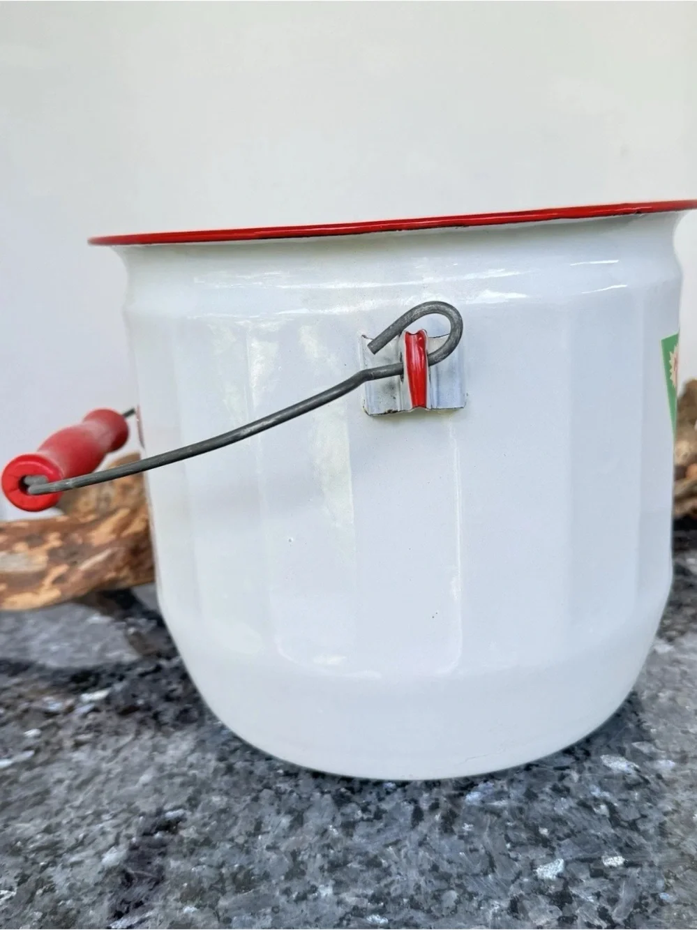 Vintage Fesco Porcelain Enamelware Pot With Wooden Handle, 8” White & Red Bucket